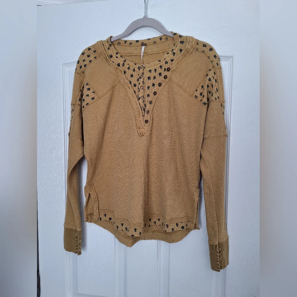 Free People Mustard Long Sleeve Henley Top